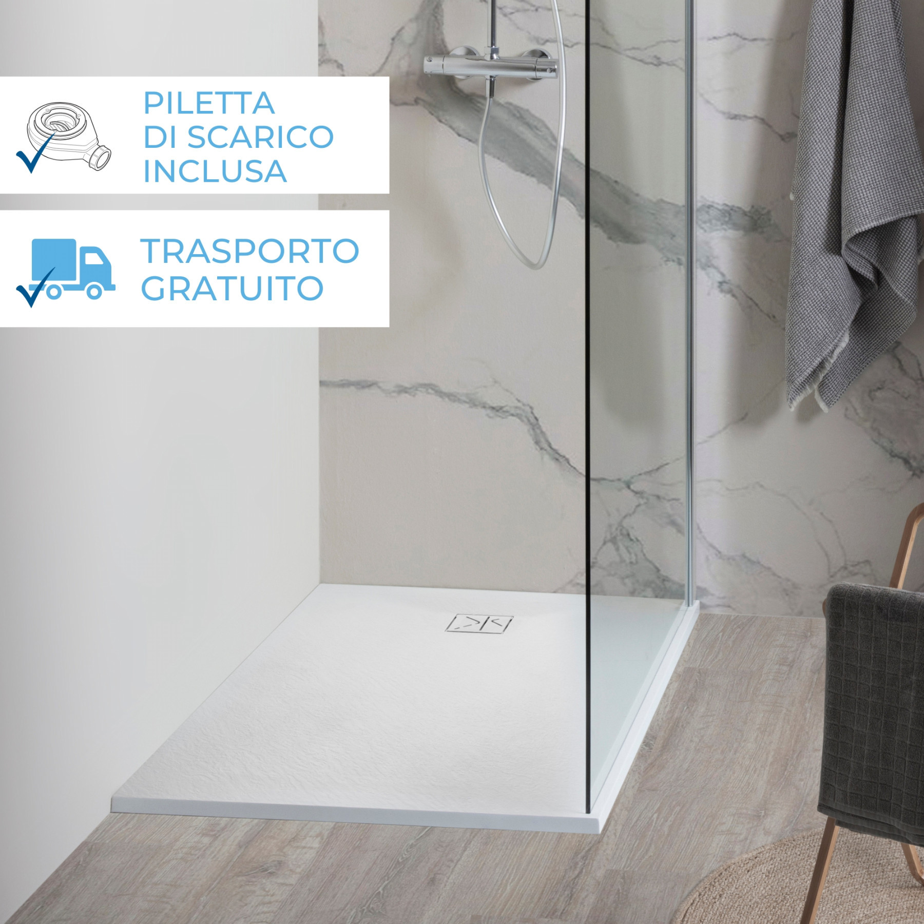 Piatto Doccia VERONA 80x80 cm ultraslim 2,6 cm effetto pietra, piletta inclusa, Bianco Opaco
